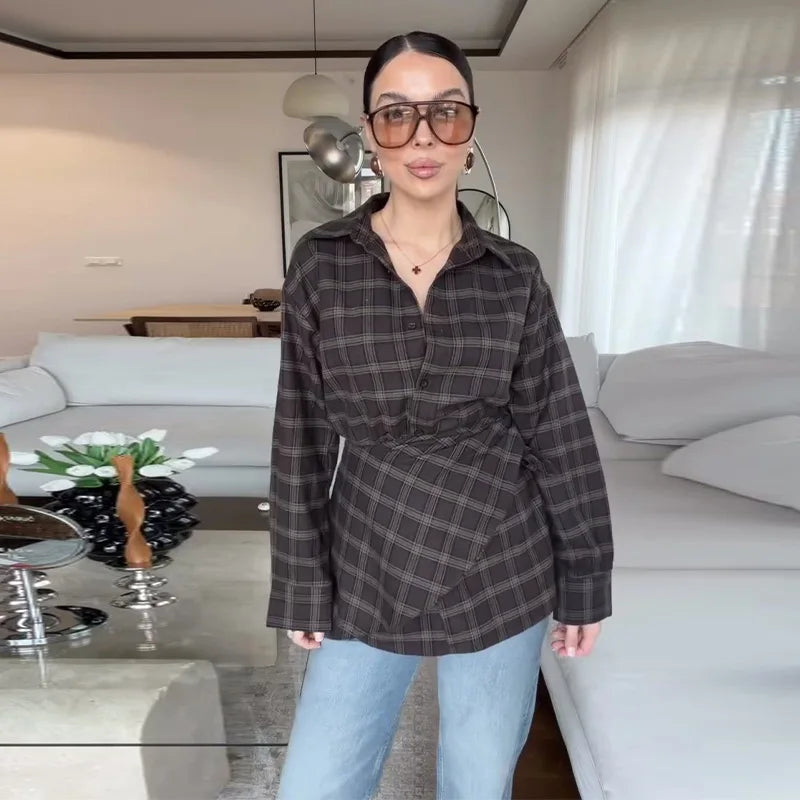 Elegant Plaid Patchwork Long Sleeve Shirt for Women