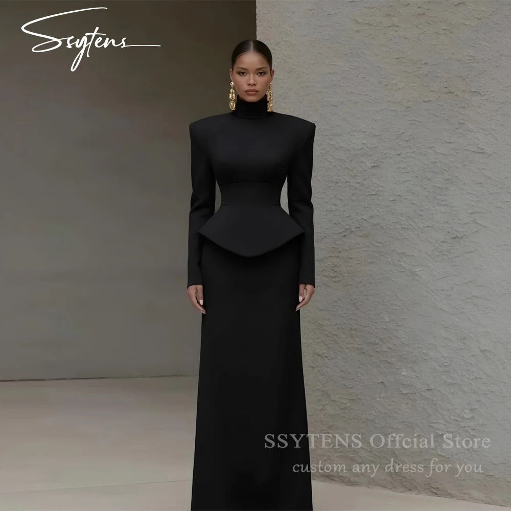 Chic Black Satin Mermaid Prom Dress With High-Neck Long Sleeve for Women
