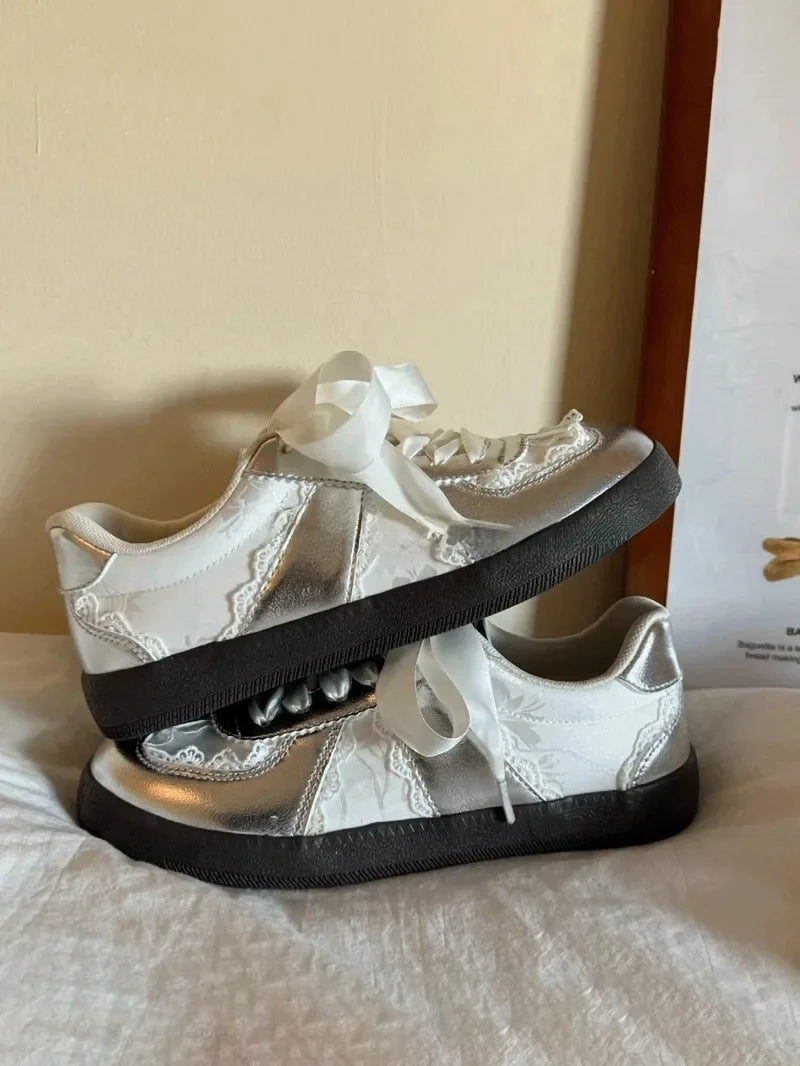 Cream French Lace Satin Ribbon Vintage Sneakers For Women