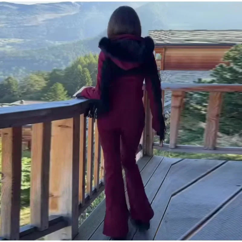 Tassel Red Slim Long Sleeve Stand Collar Wide Leg Jumpsuit for Women