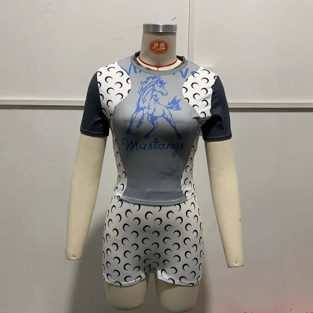 Moon Print Casual Two Piece Top And Shorts Set for Women