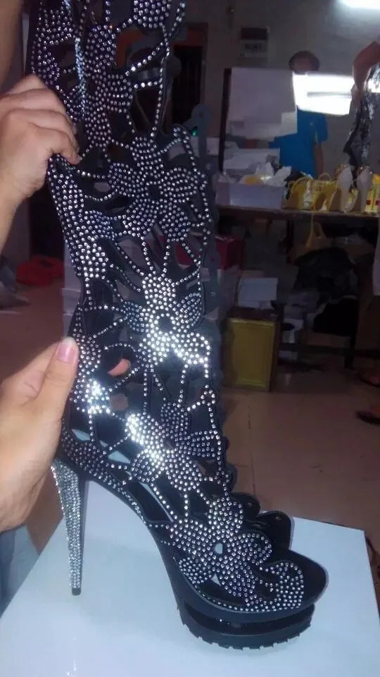 Rhinestone Stiletto Knee High Boots