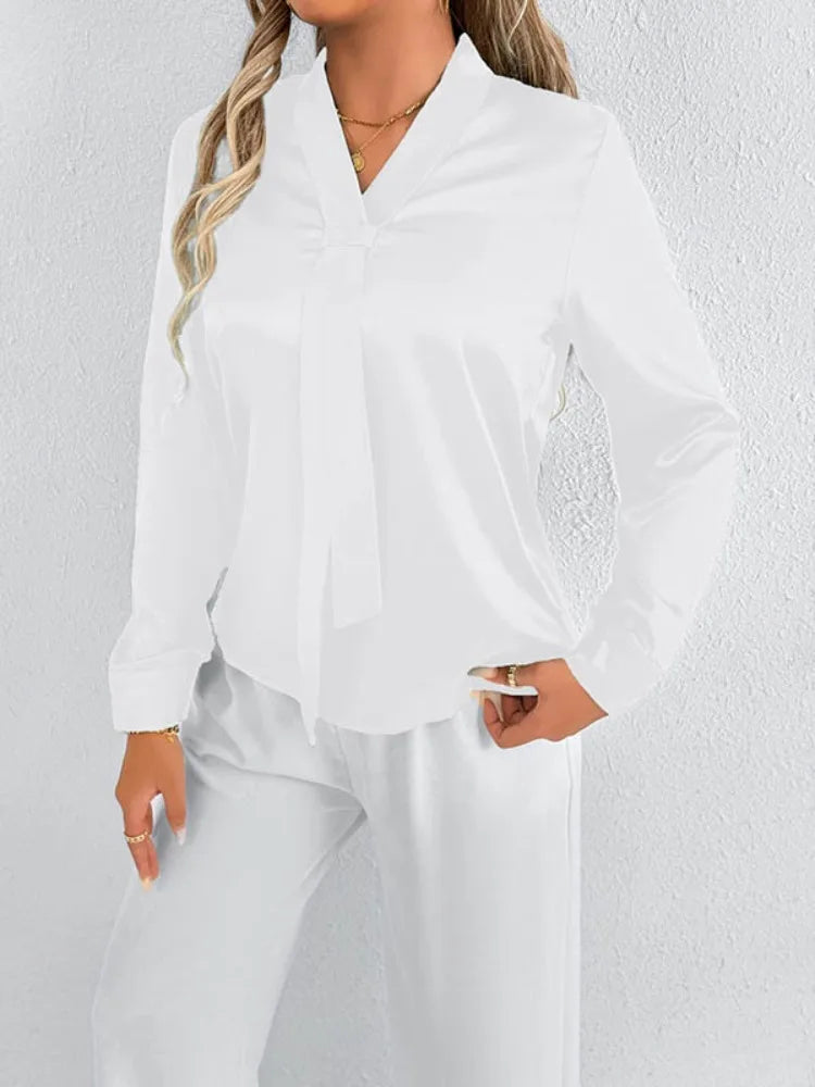 Bonboho 2026 New Women's Solid Color Silky Shirt V-neck Long Sleeves Elegant Blouse for Female Elegant Pullover Work Shirts