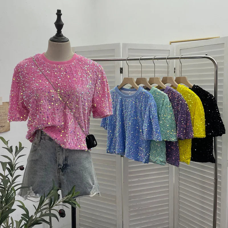 Spicy Girl Pink Sequins Short Sleeve T-shirt Round Neck Slimming Crop Top Blingbling Sexy Nightclub Multi Color Casual Tees