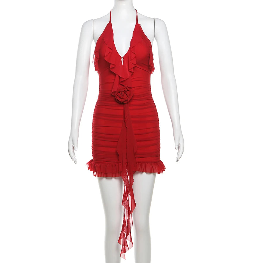 Sylcue Spring New Sweet Gentle Red Sexy Confident High Street Mature Beautiful Cool Women'S Short Ruffled Halter Dress