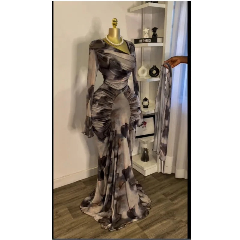 Tie Dye Ruched Skew Neck Long Sleeve Maxi Dress for Women