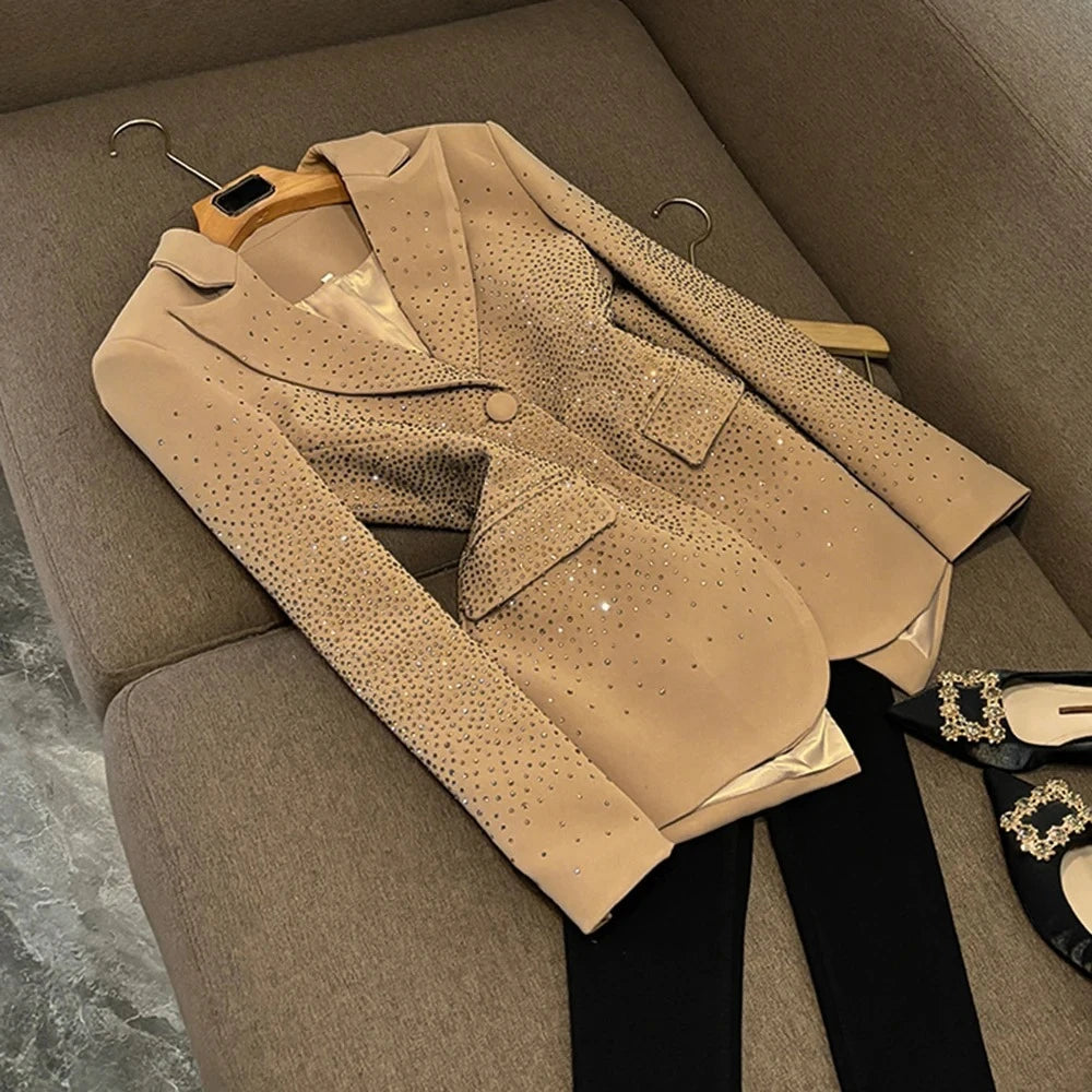 TWOTWINSTYLE Temperament Spliced Diamonds Jackets For Women Lapel Long Sleeve Designer Blazer Female Fashion Style New KJA534367