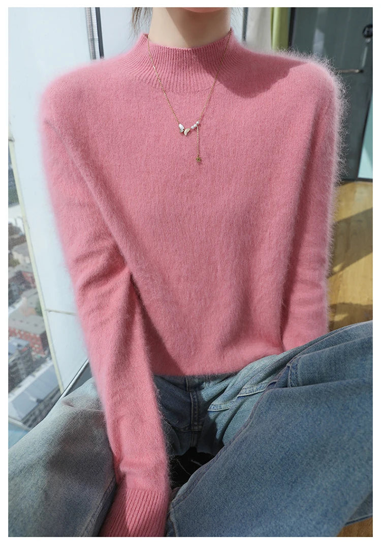 Loose Cashmere Knit Half High Neck Pullover Sweater for Women