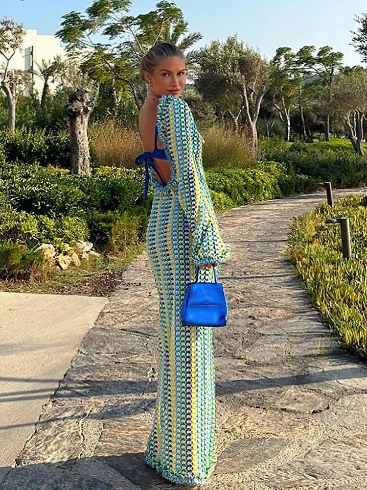 Sexy Backless Flare Sleeve Lace Knit Cut Out Party Beach Maxi Dress 2025 Summer Women Vacation Beachwear Swimsuit Cover Up A2815
