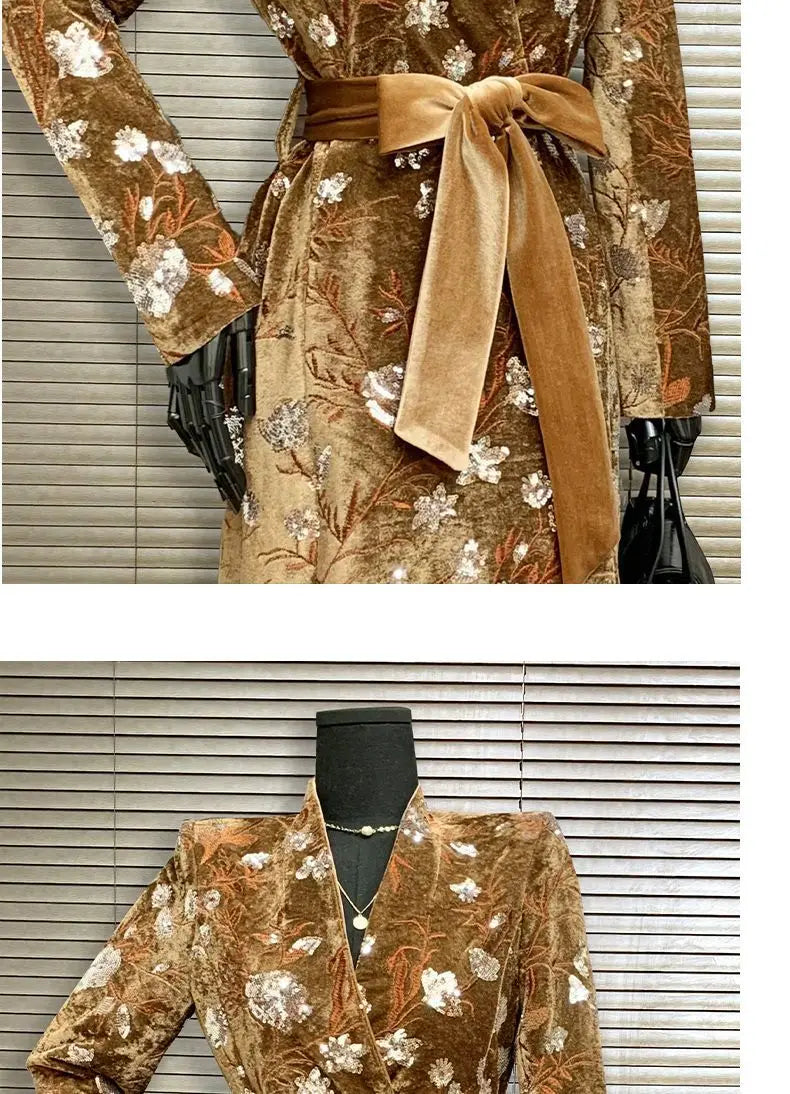 Golden Velvet Adjustable Waist Windbreaker Coat Autumn/Winter New English style Luxury Sequin Embroidered Women's Coat