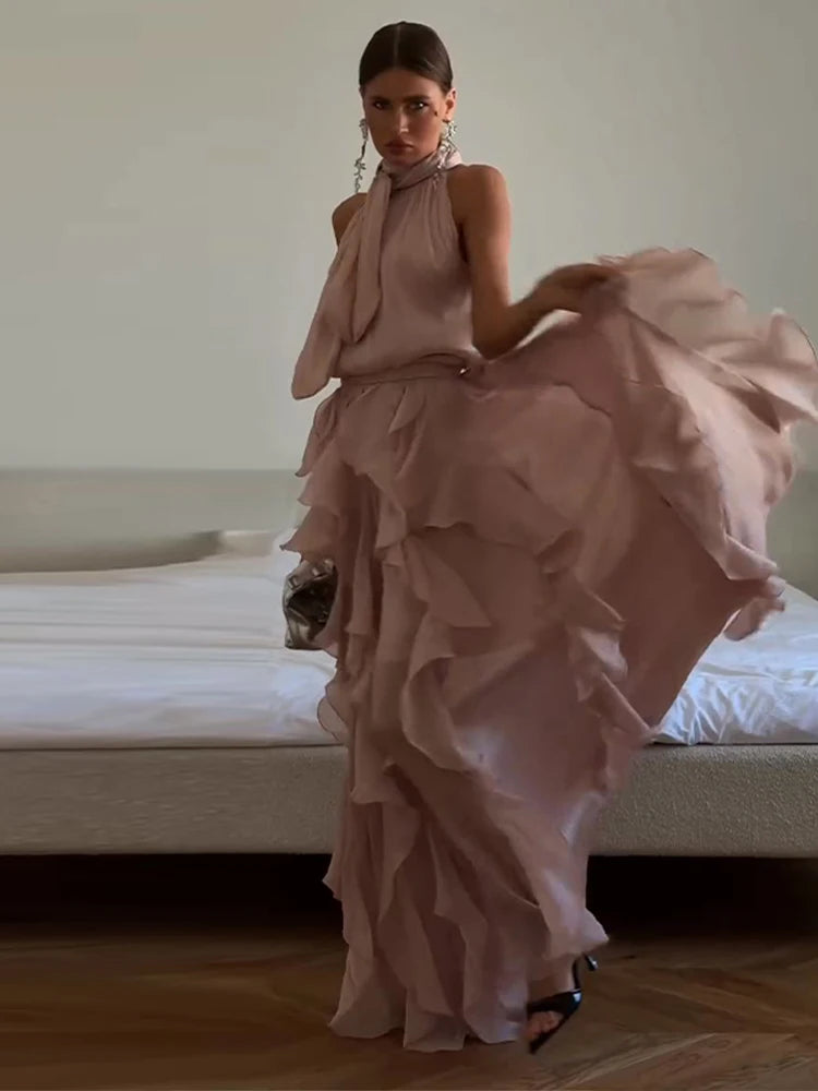 Cascading Ruffle Pleated Maxi Dress with Lace Up for Women