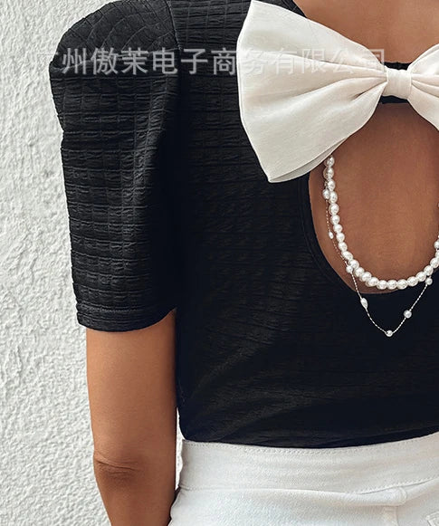 Effortless Bowknot Pearl Strap Knit Casual Tee for Women