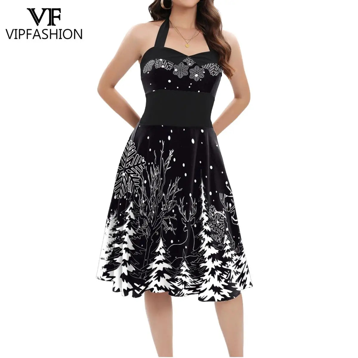 Festive Christmas Tree Print Elegant Midi Dress for Women