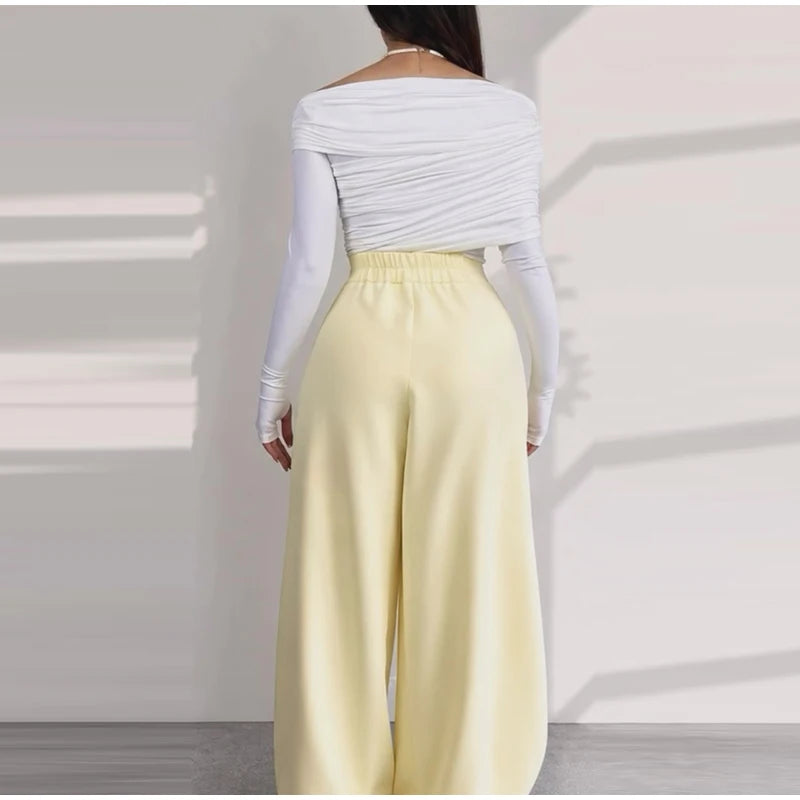 V-Neck Ruffle Coat and Wide Leg Pants Two-Piece Set for Women