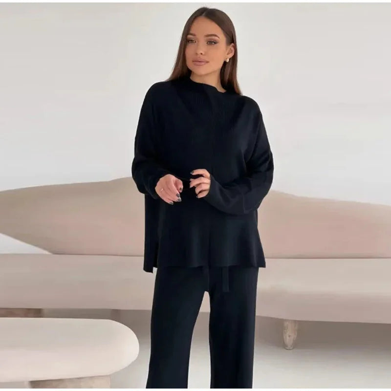 Solid Turtleneck Sweatshirt Set With Wide Leg Pants for Women
