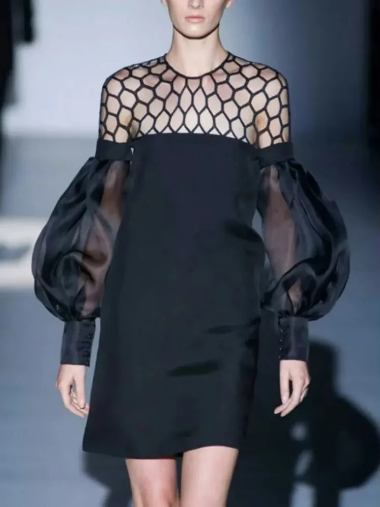 UOOZEE Urban Female Fashion Hollow O-Neck Party Evening Mini Dresses 2025 New See-through Puff Sleeve Elegant Office Black Dress