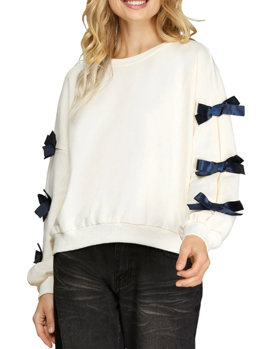 Christmas  Women’s Oversized Bow Decoration Hoodie Sweatshirts Long Sleeve Round Neck Loose Fit Pullover Tops with Bows