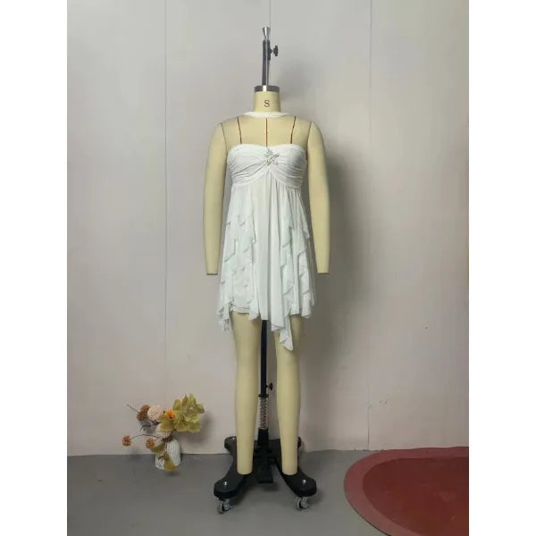 Casual Mini Dress for Women 2025 Summer Print Pleat Scarf Collar Chic Sleeveless Off Shouder Short Vestido Lady Party Beach Robe