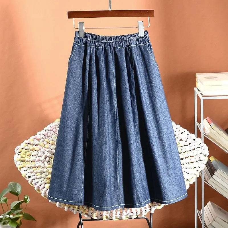 Classic Retro Denim Midi Regular Fit Skirt For Women
