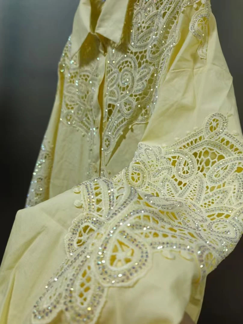 Sequined Embroidered Lantern Sleeve Hollow Out Cotton Blouse for Women