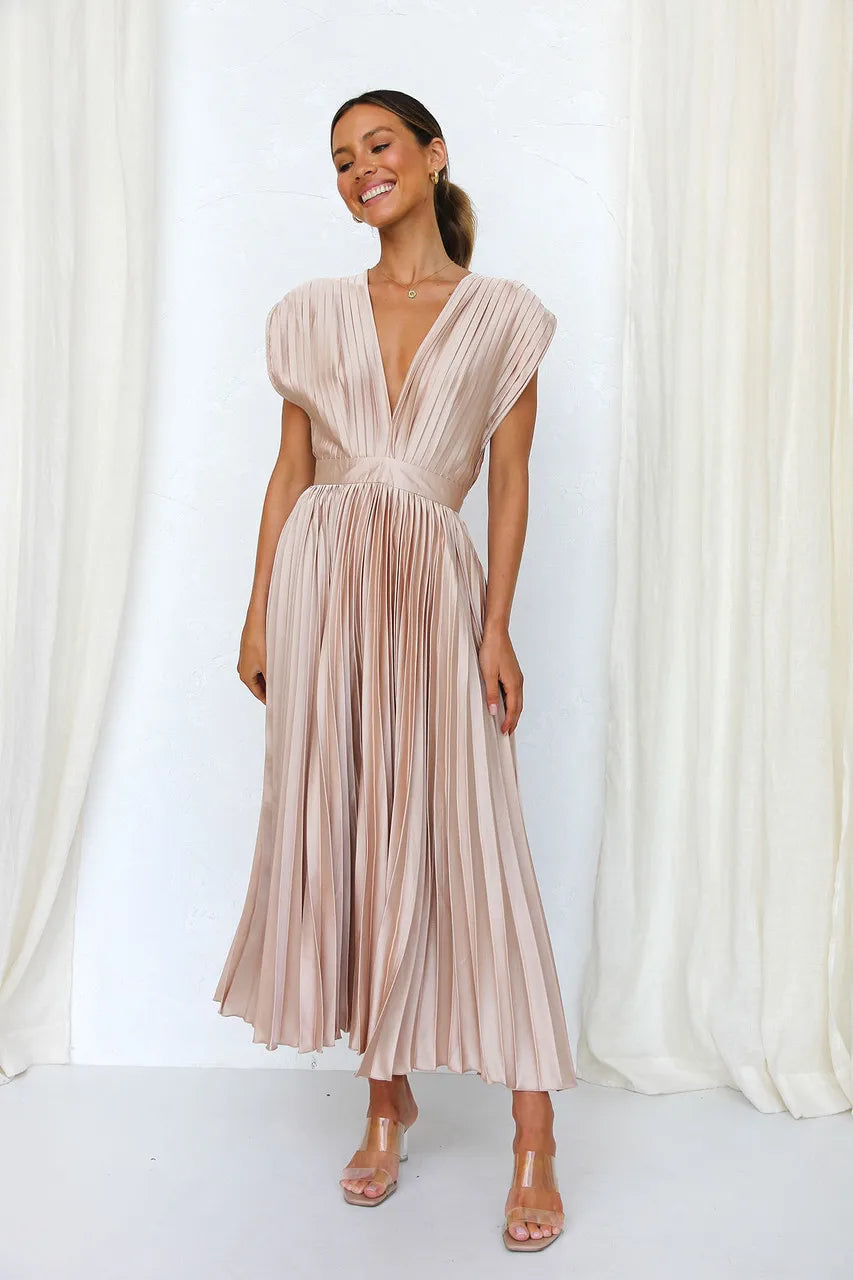 Elegance Draped V-Neck Pleated Skirt Dress 2025 Women Solid Strapless Backless Patchwork Loungewear Simple Maxi Dress