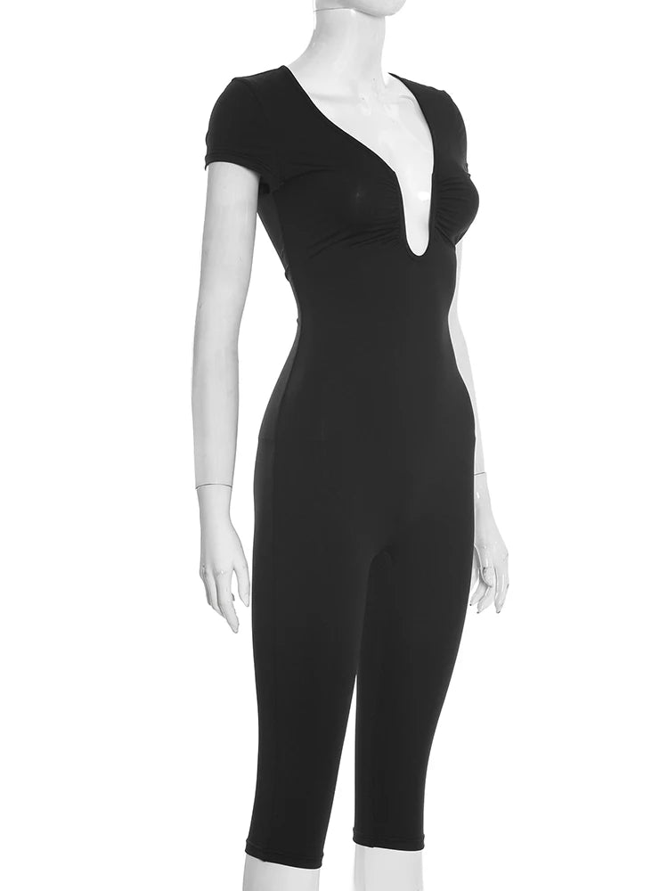 Patchwork Irregular Low-Neck Short Sleeve Stretch Playsuit for Women