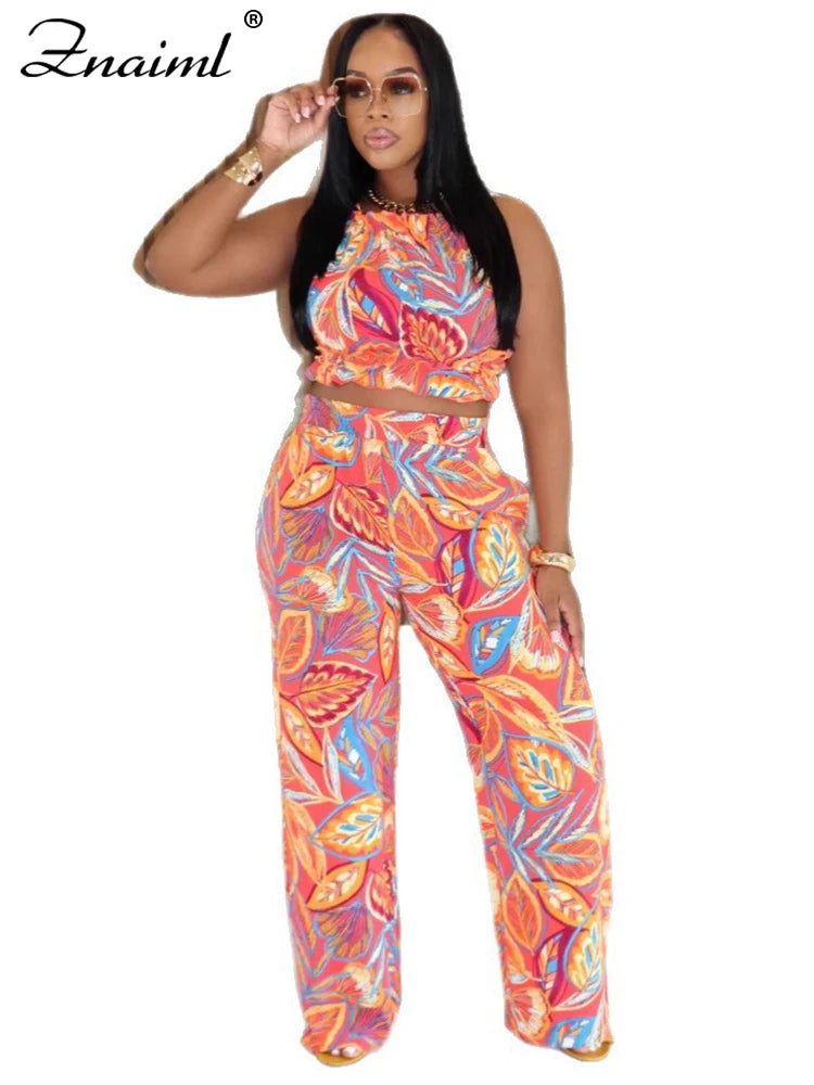 Znaiml Summer Vacation Halter Backless Crop Top and Wide Leg Pants Woman Floral Print Two Piece Set Boho Beach Club Outfits 2025