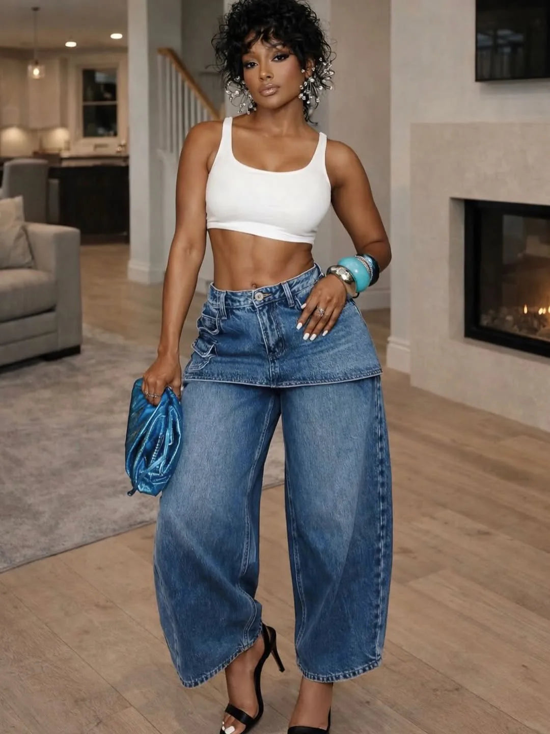 High Waisted Wide Leg Denim Jeans With Detachable Skirt For Women
