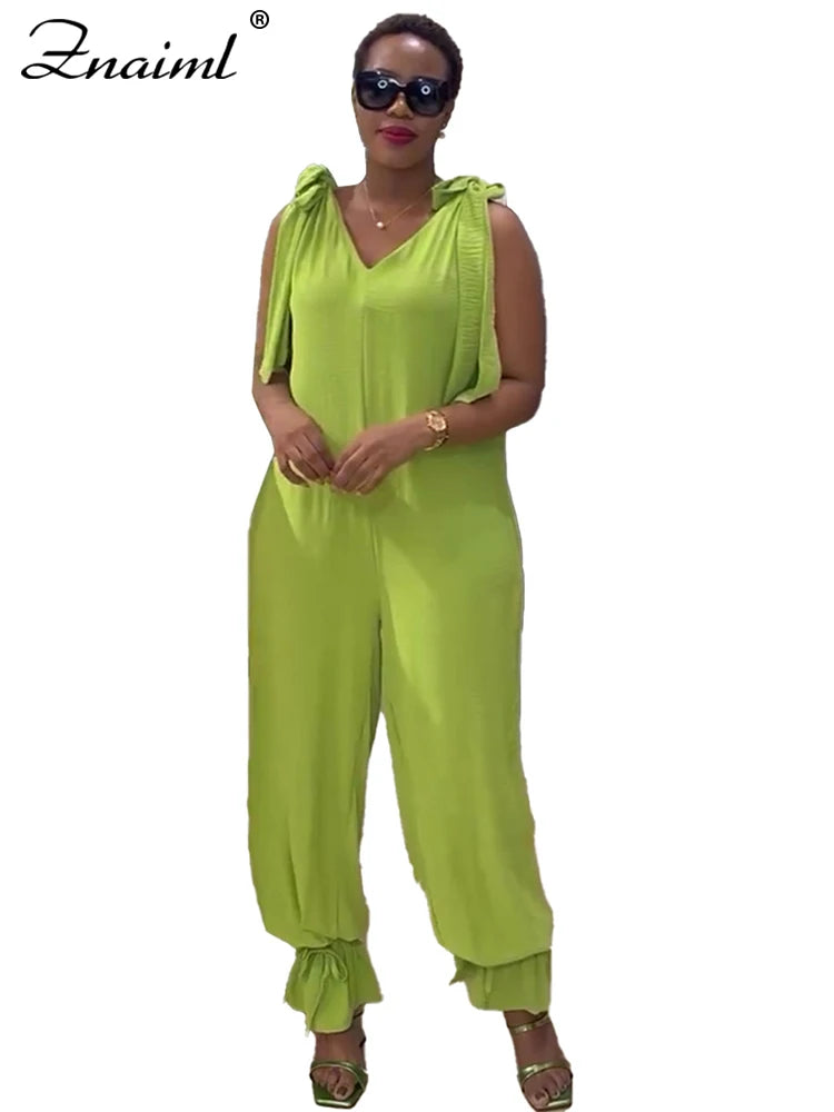Znaiml Casual Lace-up Bandage Jumpsuit Green Loose Wide Leg Jogger Pants Women V-Neck Sleeveless New In One Pieces Rompers 2025