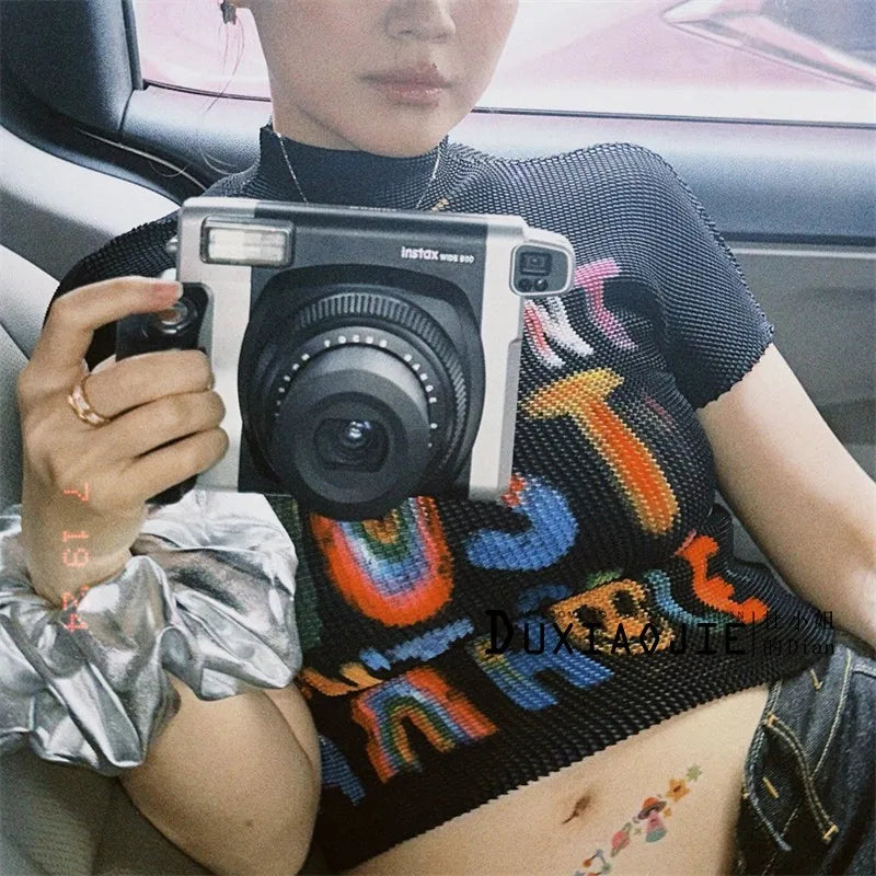 Women's T-shirt Harajuku Korean Y2k Graphic Print Short Sleeve Tee Top Clothes Fashion Vintage Streetwear Elastic T-shirt 2025