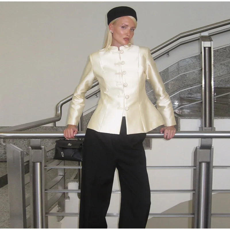 Chinese Knot Stand Collar Long Sleeve Jacket for Women