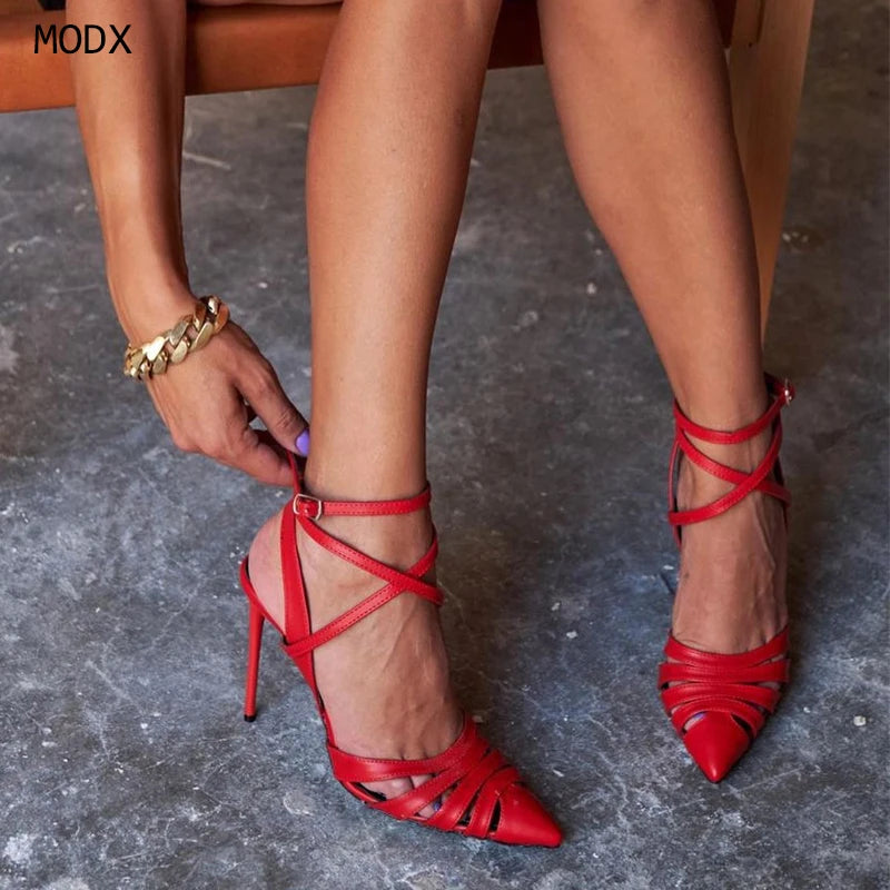 Gold Pointed Strappy Cutout Heeled Sandals for Women