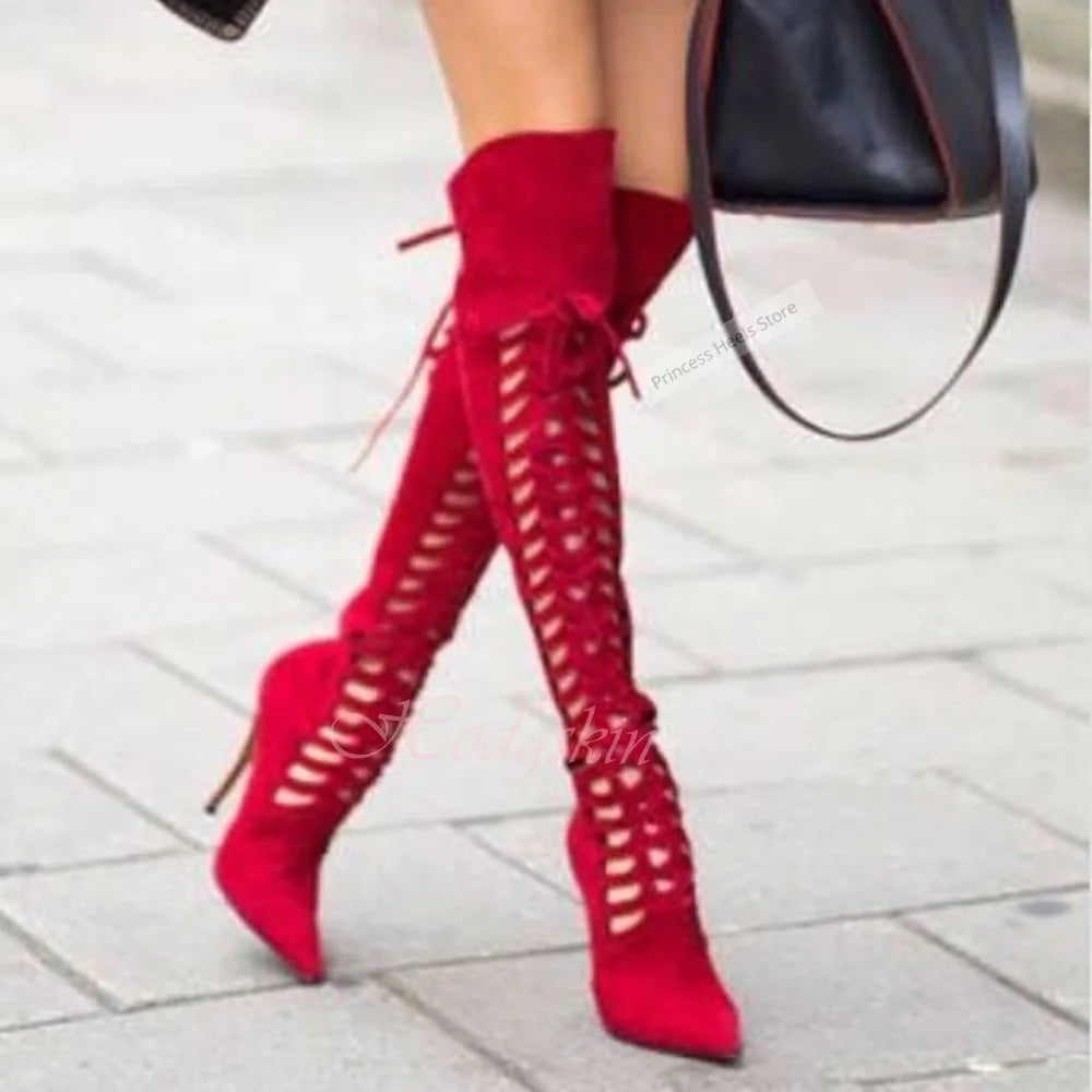 Velvet Strap Hollow Out Solid Color Over The Knee Boots for Women