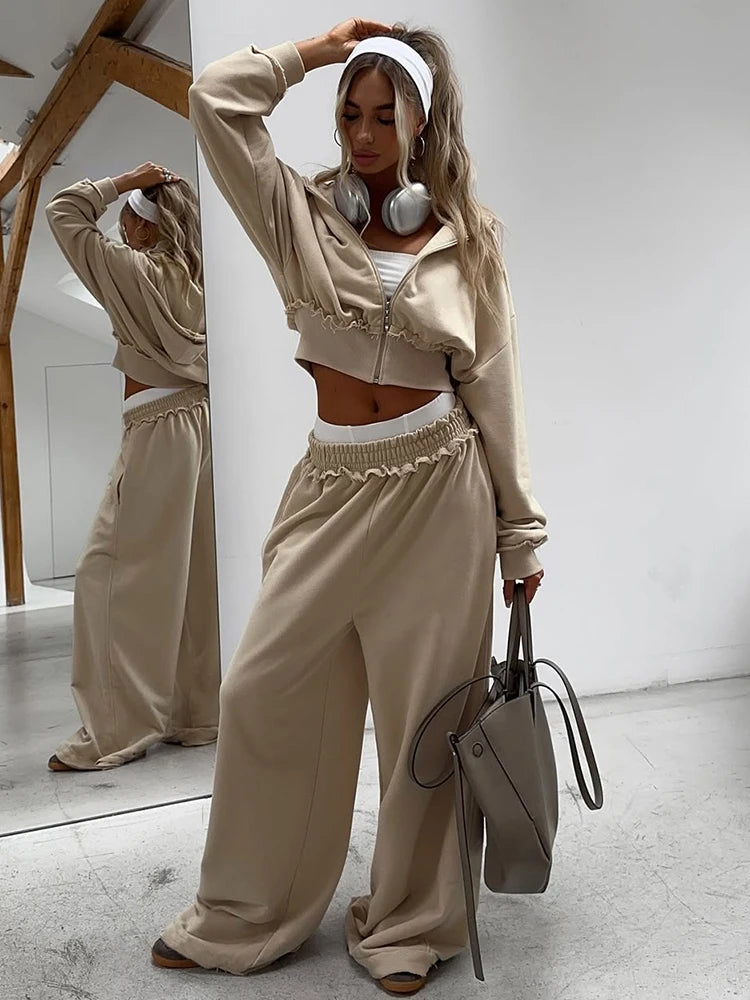 Patchwork Zip Hooded Crop Tracksuit Set