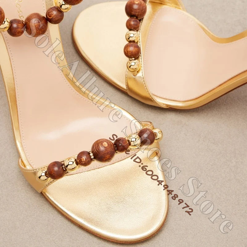 Metallic Gold Open Toe Lace Up Wood Bead Stiletto Sandals for Women