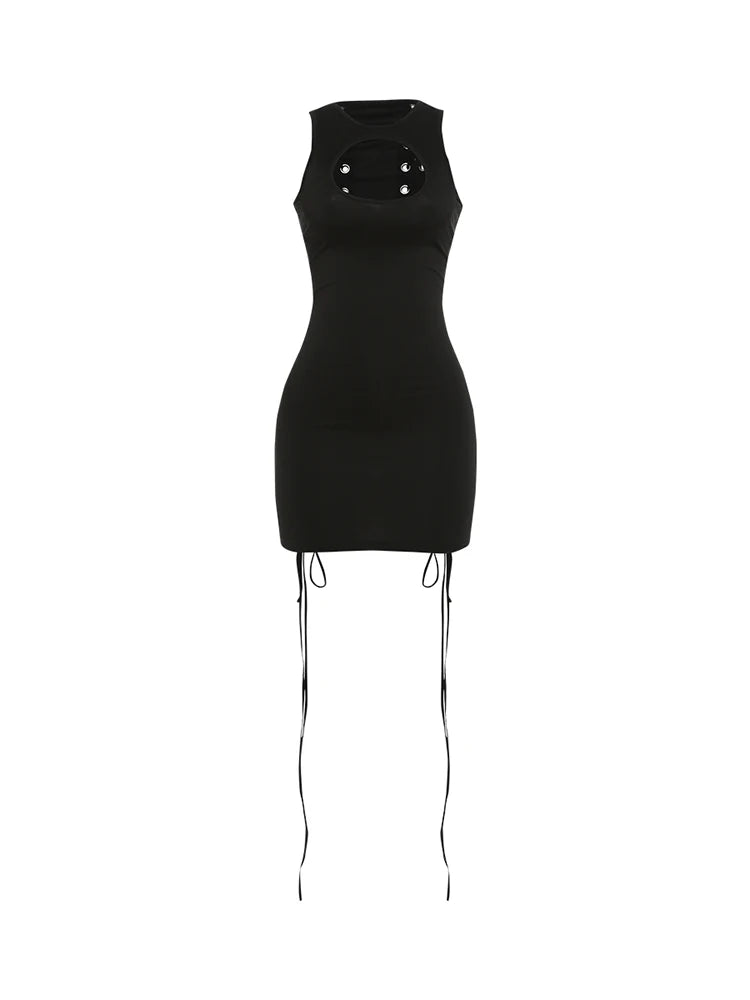 Sexy O-Neck Hollow Out Mini Dress with Metal Ring Cross Detailing for Women