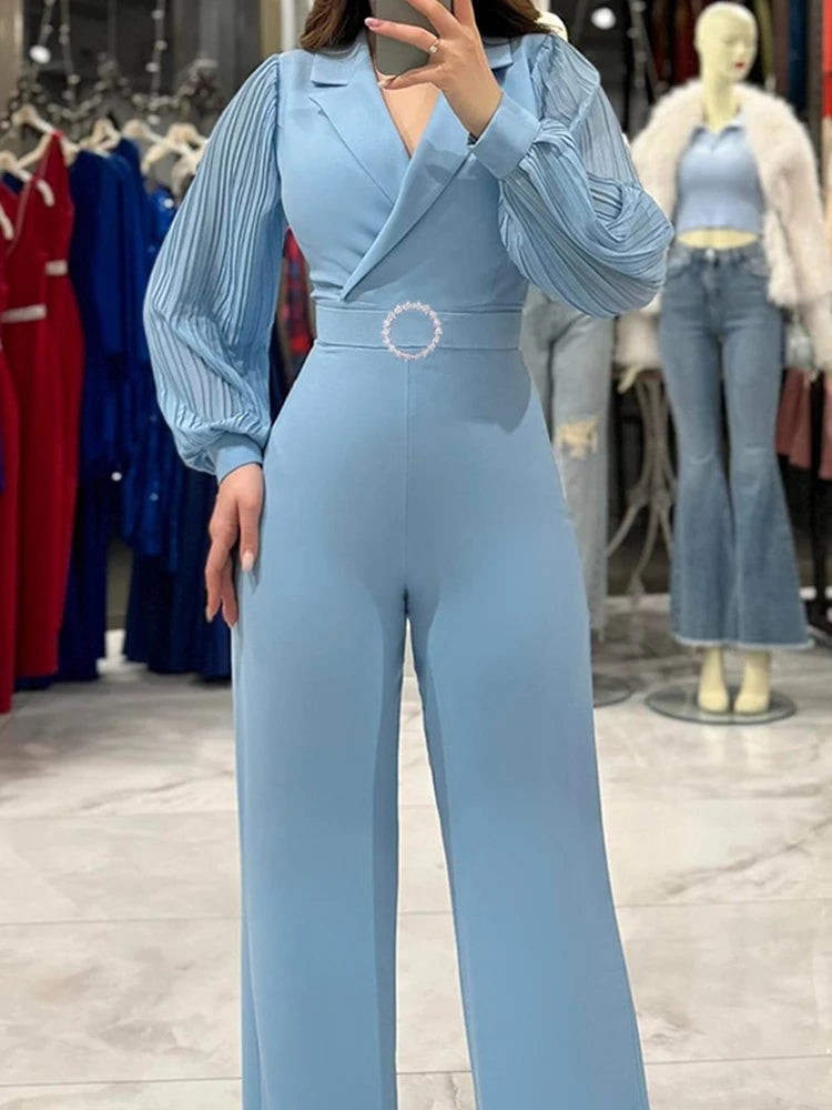 Long Sleeve V Neck Wide Leg Jumpsuit for Women