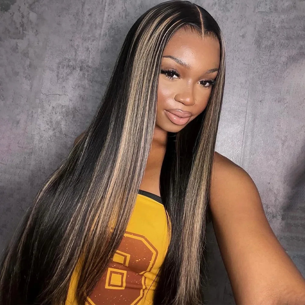 Uniisoe Highlight 613 with Black Straight Lace Front Human Hair Wigs 36 inch 200% Black Women13x4 Transparent Lace Brazilian Wig