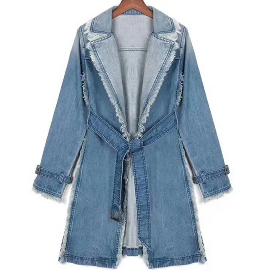 Relaxed Fit Denim Trench Coat With Waist Belt For Women