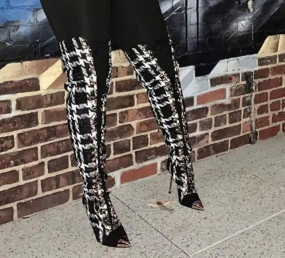 Black White Plaid Pointed Toe Cross Tie Over The Knee Boots for Women