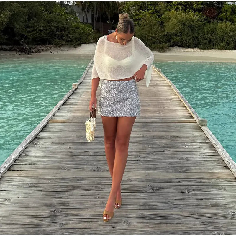Sheer Knit O Neck Asymmetrical Loose Blouse for Women