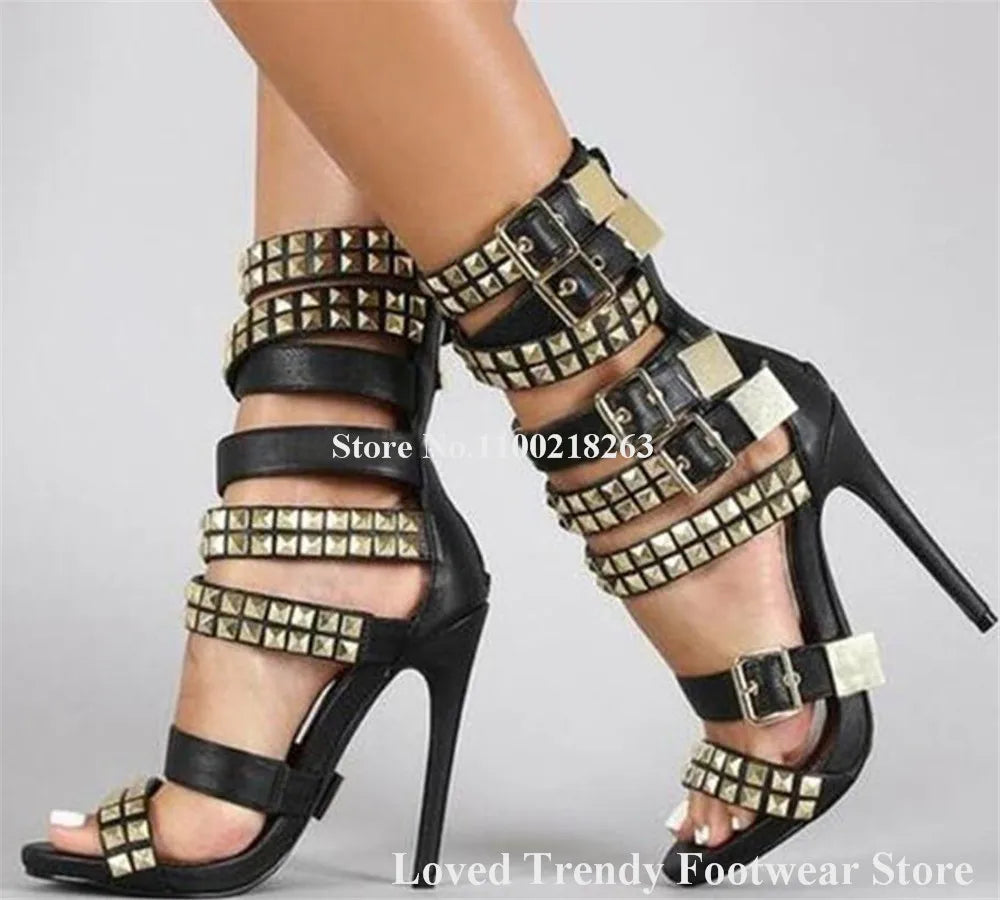 Gold Rivet Ankle Strap Stiletto Heel Sandals for Women