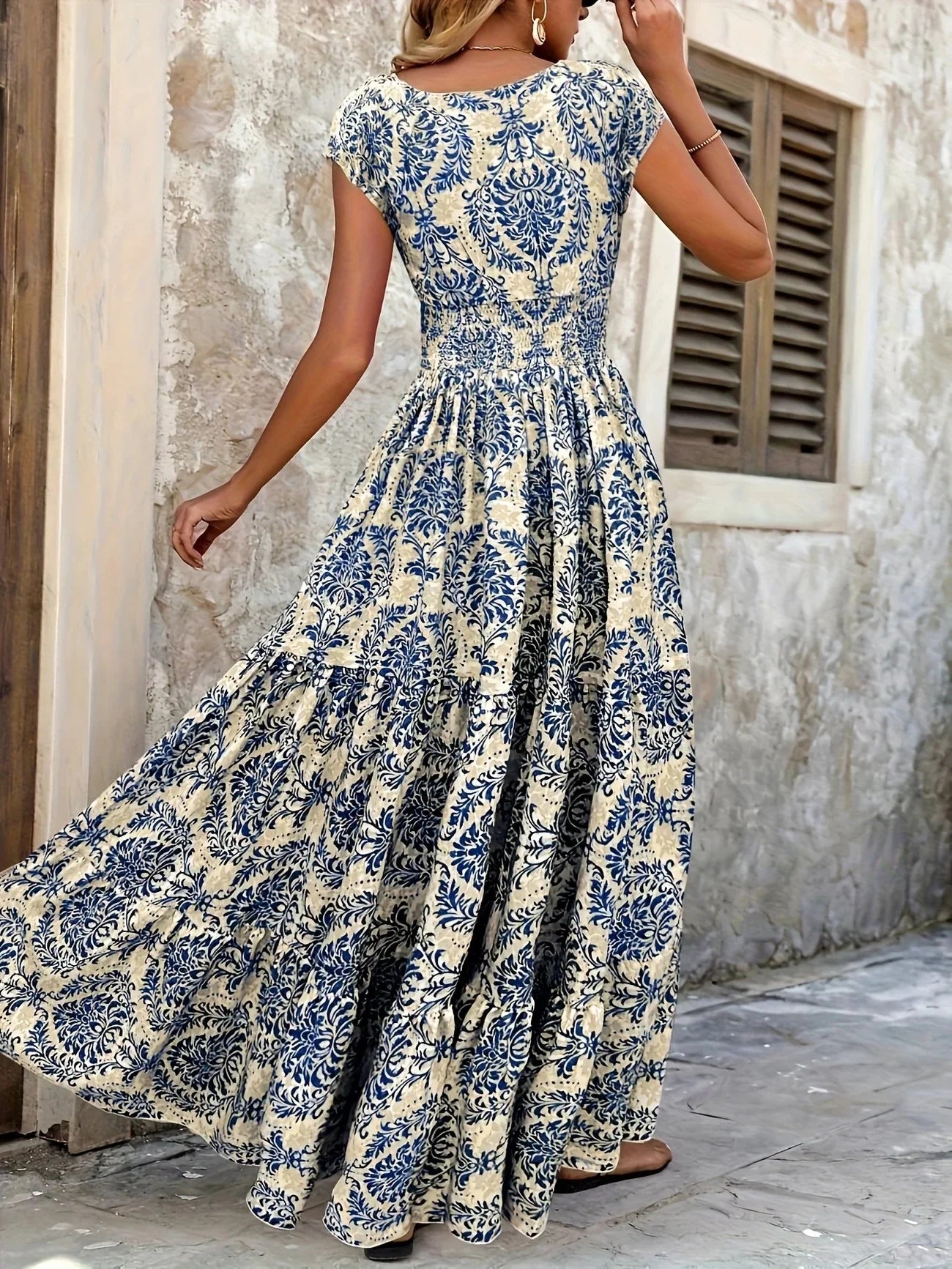 Bohemian Floral Printed V Neck Midi Dress For Women