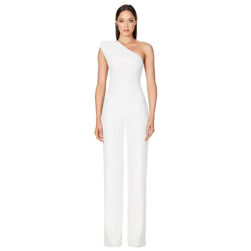 Sequined One Shoulder Wide Leg Jumpsuit