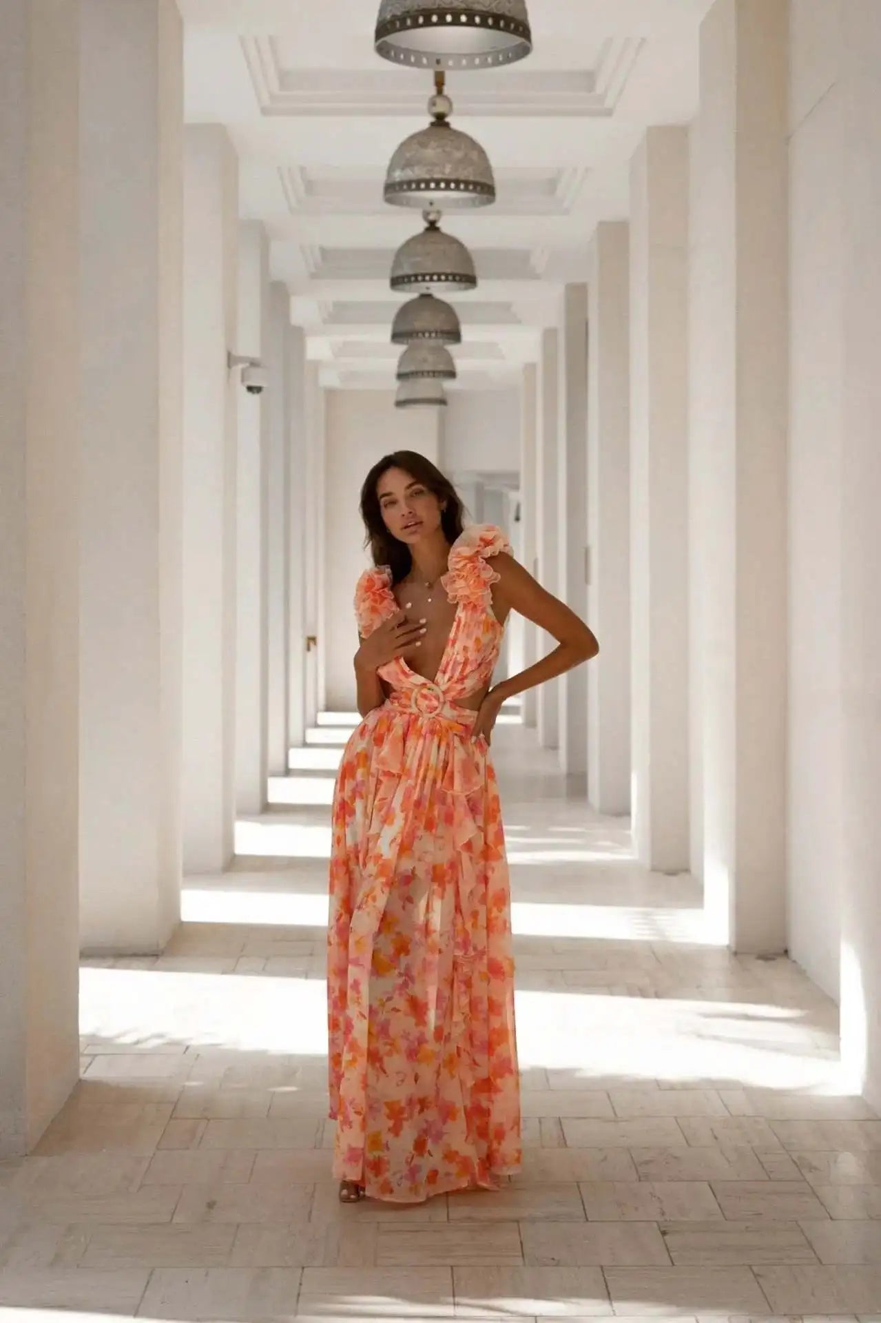 Summer Spring Women's Clothing Dress Hollow Out Slim Deep V Ruffle Edge Floral Backless Dress Loose Maxi