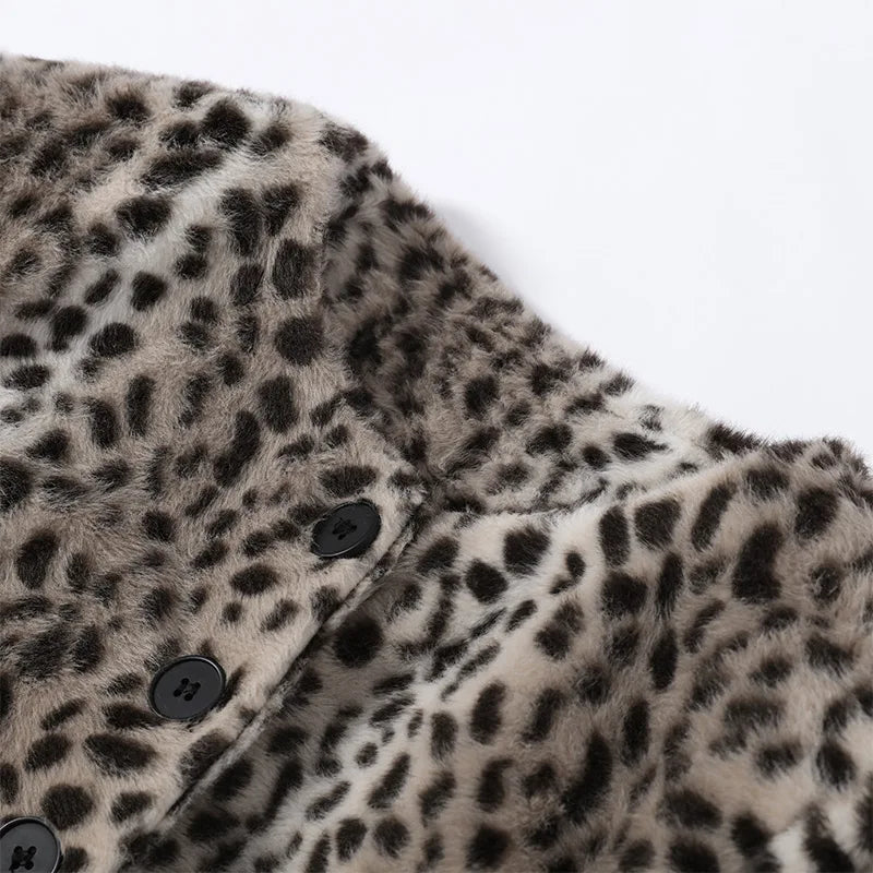 Leopard Print Faux Fur Single Breasted Crop Jacket for Women