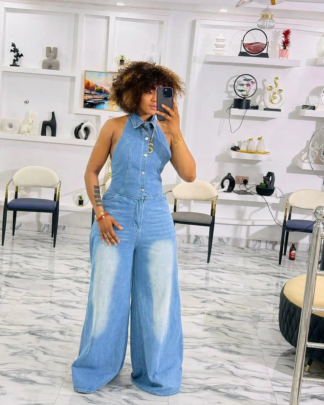 Washed Denim Halter Neck Backless Jumpsuit for Women