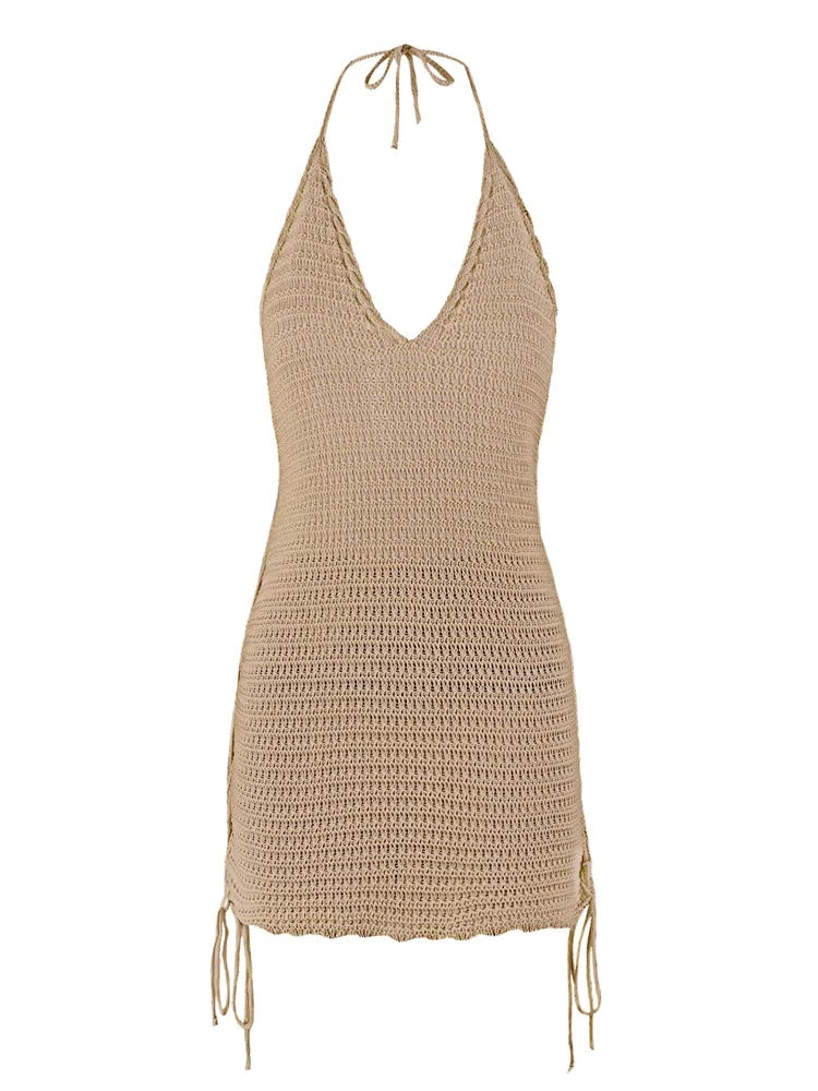 Solid Knit Halter V-neck Side Cross Straps Slim Beach Mini Dress 2025 Women Crochet Beach Swimsuit Cover Up Vacation Outfit K104