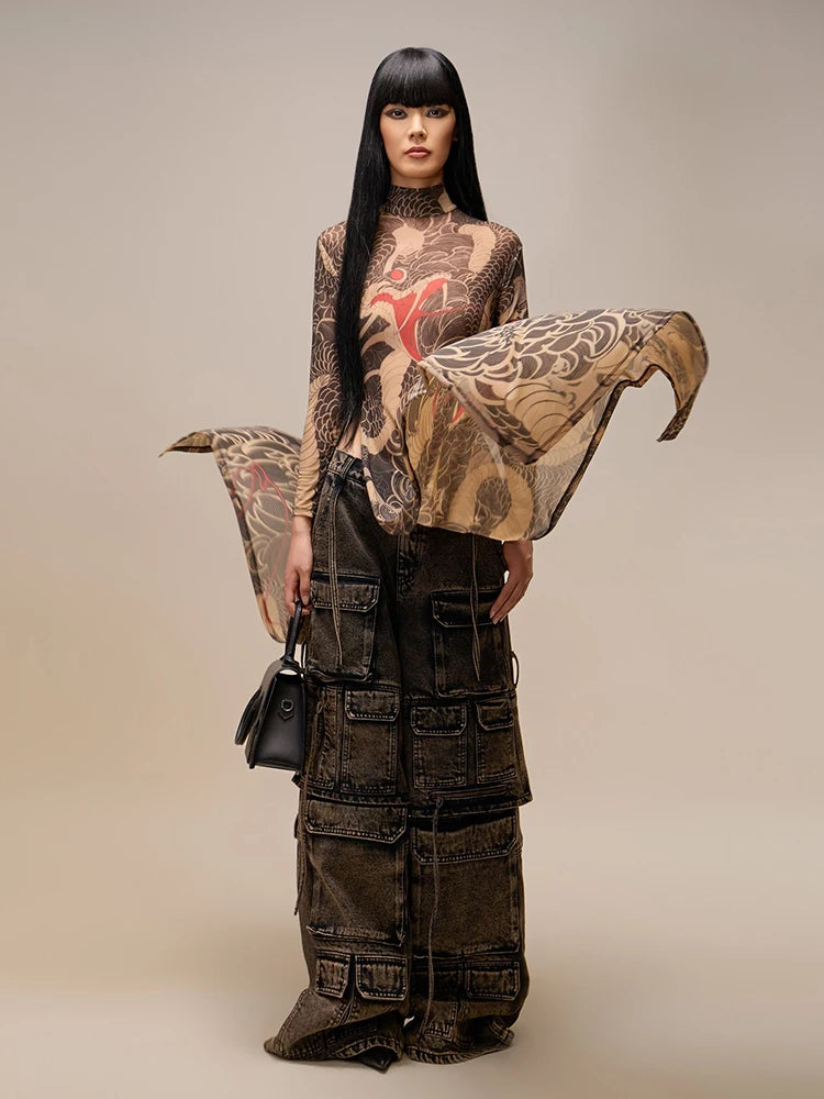 Snake Print Sheer Turtleneck Long Sleeve Top for Women