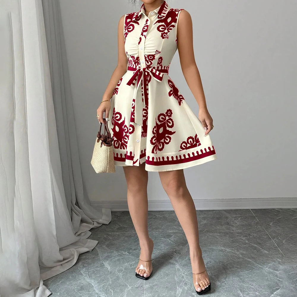 Plus Size Womens Printed Sleeveless Buttons A-Line Shirts Dress Summer Ladies Turn Down Collar Casual Holiday Sundress SizeS-2XL